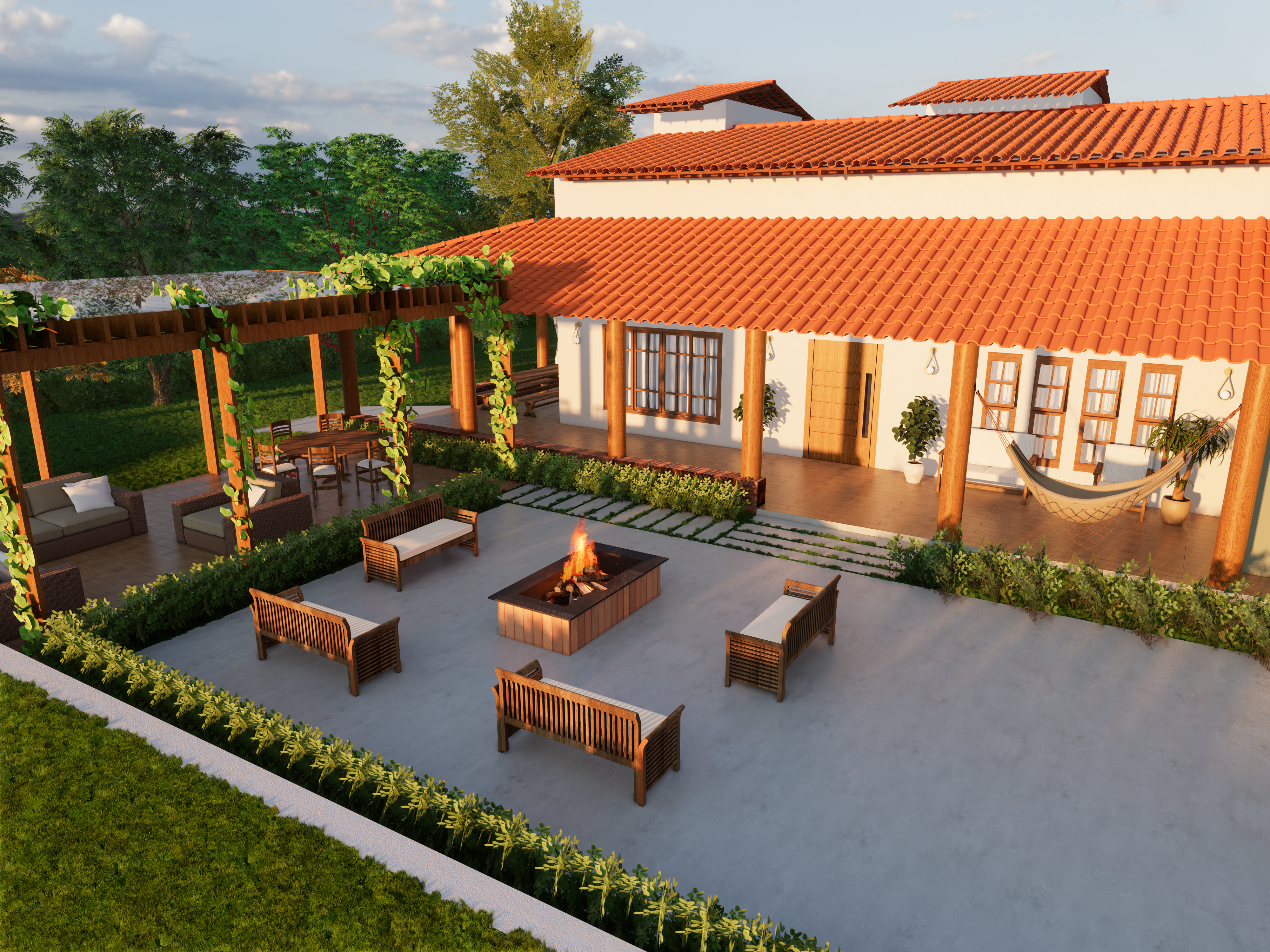Casa de campo com área externa e pergolado